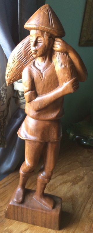 Vintage Wood Carved Statue Of An Asian Man Carrying A Sheaf Of Grain 15” Teakwoo