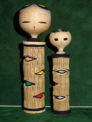 Japanese Vintage Folk Craft Pair Wood Kokeshi Doll Tatami Mat Hand Painted W/box