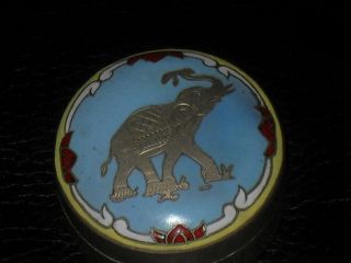 Elephant With Trunk Up Enamel On Silver Metal Pill Box Made In Siam