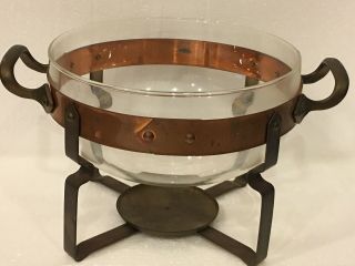 Vtg Nils Johan Mcm Glass Copper & Brass Handled Serving Warming Dish Bowl Sweden