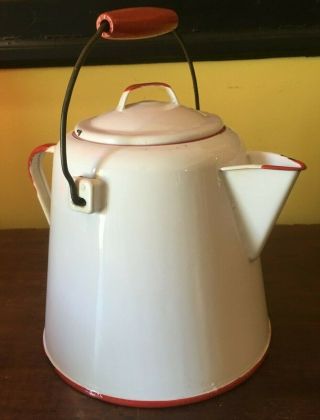 Vintage White With Red Trim Enamelware Cowboy Coffee Pot
