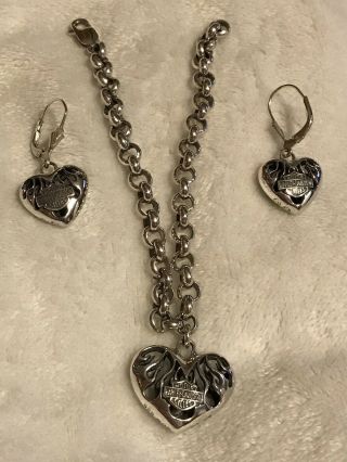 Harley Davidson Sterling Silver Heart Charm Bracelet And Earrings Set Flames