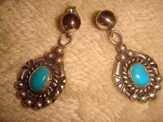 Vtg.  Old Pawn Navajo 1 1/4 " Sterling Silver & Turquoise Dangle Drop Earrings Mcb