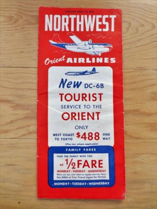 1954 Northwest Orient Airlines Dc - 6b Flight Schedule Timetable Alaska Hawaii
