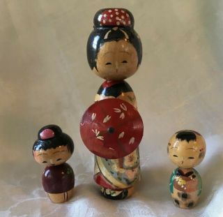 Set Of 3 Kokeshi Japanese Vintage Wooden Dolls Mother With Umbrella Boy & Girl