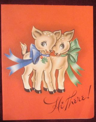 Vintage Christmas Greeting Card 2 Cute Deer Wrapped In Bows