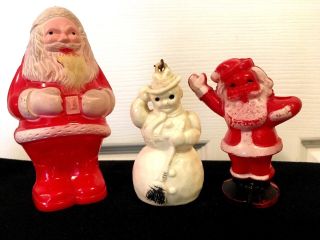 2 Vintage Hard Plastic Santa Claus,  Snowman,  Christmas Candy Holder/ornament