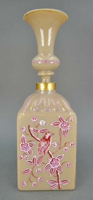 Fine Antique French Opaline Glass Pink Enamel Bird & Bamboo Perfume Bottle Moser