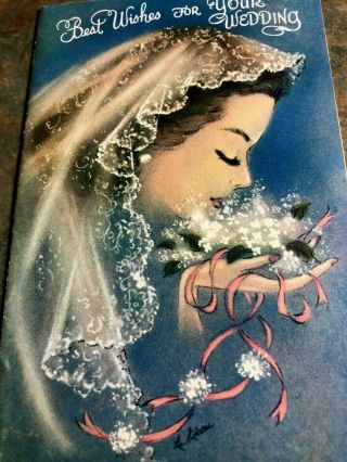 Stunning Bride Lacy Veil Artist Signed Wedding Vtg Card Rust Craft