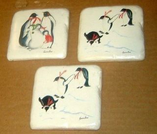 3 Cynthia Dunn Signed Penguins Christmas Ceramic Coasters 3.  75 " Inches