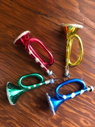 Set Of 4 Vintage Mercury Glass Christmas Xmas Tree Ornaments Trumpet Horn