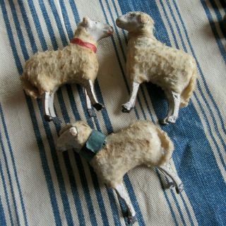 3 Antique Primitive vtg Putz Stick Leg Small Sheep Christmas TLC Craft Display 2