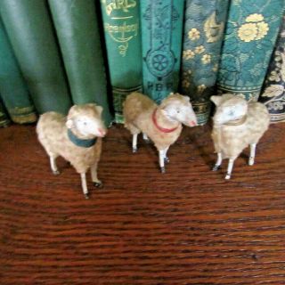 3 Antique Primitive vtg Putz Stick Leg Small Sheep Christmas TLC Craft Display 5