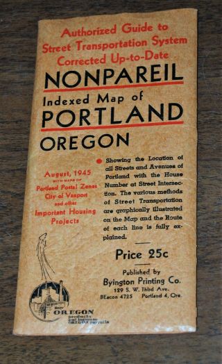 August 1945 Nonpareil Indexed Map Of Portland Oregon