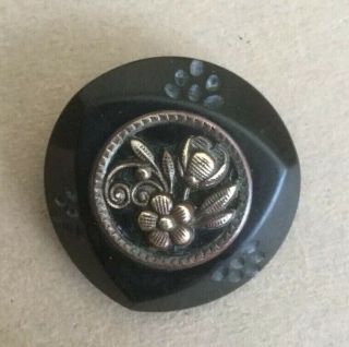 Vintage - Large Bakelite Button W Metal Embellishment & Carving