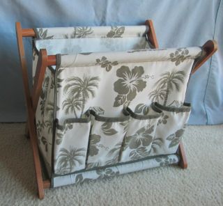 Folding Wood Frame Sewing Knitting Caddy Tote Craft Bag Pockets Hawaii Print