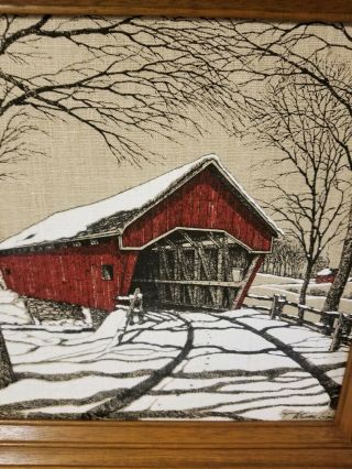 Kaydee Hand Prints Covered Bridge W/ Snow On 100 Pure Linen.  Frame