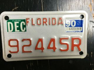 Vintage Florida 1990 Motorcycle License Plate 92445r Euc