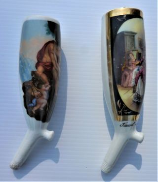 Two Antique Hand Painted Erotic Scene Porcelain Smoking Pipe Bowls Erotica