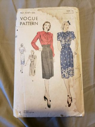 1940s Vintage Vogue Sewing Pattern Evening Dress 16/34 Retro 40s 50s 1950s