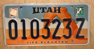 Utah Apportioned Arch License Plate " 010323 Z " Ut Life Elevated