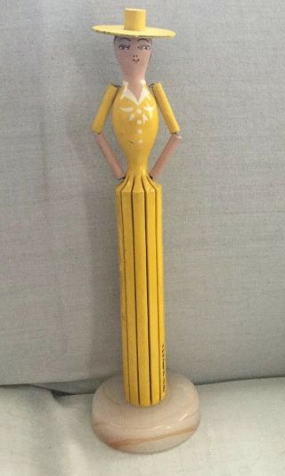 Antique Vintage Yellow Wooden Painted Lady Napkin Holder Doll - Akro Agate Base