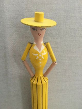 Antique Vintage Yellow Wooden Painted Lady Napkin Holder Doll - Akro Agate Base 2