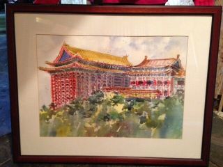 Chinese Watercolor (2) Paintings Scenes Grand Hotel,  Tamsui River Taiwan