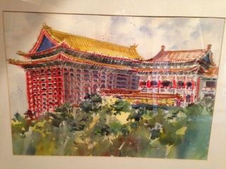 Chinese WaterColor (2) Paintings Scenes Grand Hotel,  Tamsui River Taiwan 2