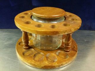 Vintage 12 Smoking Pipe Wooden Stand Holder With Glass Tobacco Jar