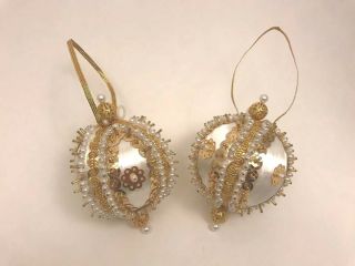 Vintage Satin Balls Christmas Ornaments Sequin Bead Pins Jeweled Handmade Set 2
