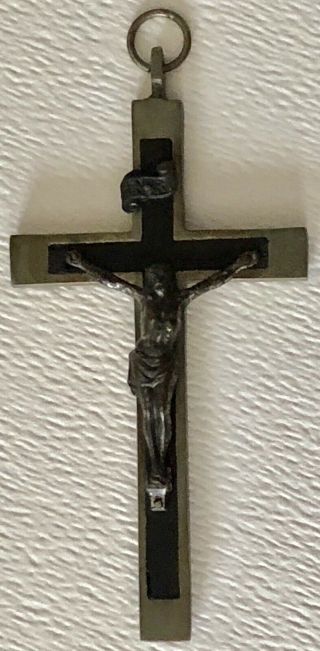 Antique German Steel & Ebony Wood Large Crucifix Christ Cross Necklace Pendant