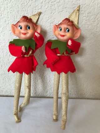 Vintage Pixie Elf Ornaments Japan Metallic Gold Legs Pair Non Bendable 7.  5 "