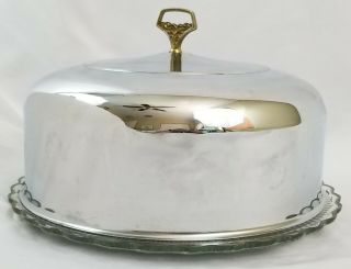 Mid - Century Chrome Cake Saver Keeper With Depression Glass Plate Vintage 12 1/2 "