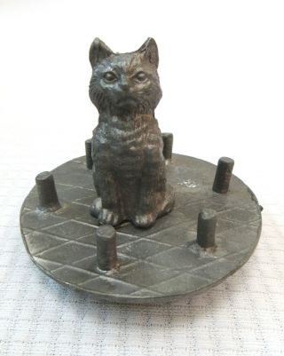 Antique Pewter Thimble Thread Bobbin Holder Vintage Collectible Cat Figure