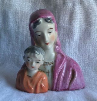 Vintage Ceramic Virgin Mary & Jesus Bust Statue Figurine Japan