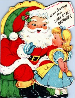 Pretty Girl Lady Kid Pinafore Apron Santa Claus Blue Vtg Christmas Greeting Card