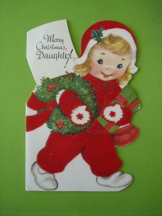 Vtg.  Rust Craft Christmas Card - Daughter - Cute Girl W/christmas Wreath & Gift - 1953