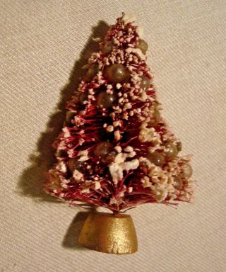 Vintage Flocked Bottle Brush Tree Christmas Lapel Pin Pink With Beads 2