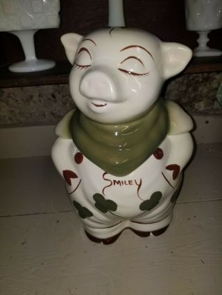 Smiley Pig Cookie Jar Green Shamrock 11 Inches Tall