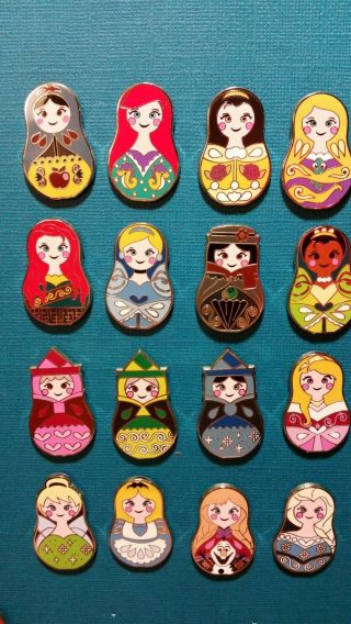 Disney Pins Princess Nesting Dolls Complete 16 Pin Set Ariel Belle Elsa Anna 2