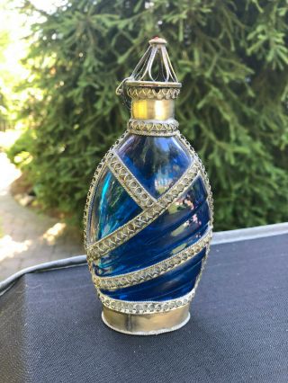 Vintage Blue Glass Holy Water Bottle With Metal Base & Embellishments