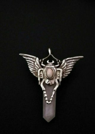 Vintage Scarab With Wings Amulet Marked 925 Sliver W/ Natural Rose Quartz Point