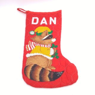 Vintage 15 " Raccoon Quilted Christmas Stocking For Dan