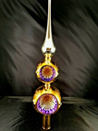 Vintage Hand Blown Glass Double Indent Christmas Tree Topper Gold Purple Adler