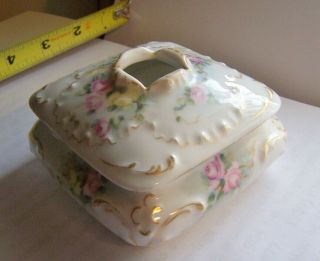 Vintage T&v Limoges Hand Painted Pink Rose Floral Square Hair Receiver Pretty