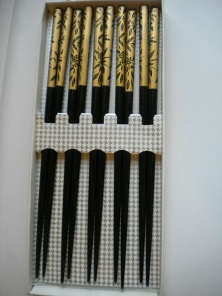 Set 5 Pairs Japanese Lacquer Chopsticks Hair Sticks Black & Gold Japan Boxed