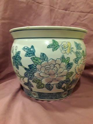 Asian Porcelain Fishbowl Planter Pink Floral And Blue/green Vine Design