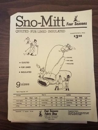 Vintage Sno - Mitt Mitten Pattern Fur Lined 8 Sizes Uncut And Complete
