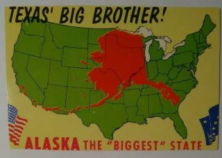 Vintage Alaska Map Postcard Biggest State Flag Texas Big Brother